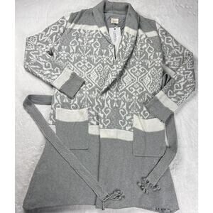Lemon Brand Gray & White Lined Belted Long Cardigan Sweater Women's Small/Medium